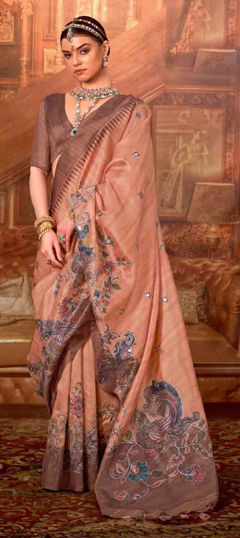 Beige and Brown color Saree in Tussar Silk fabric with Printed work