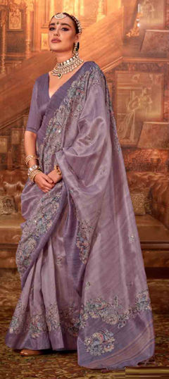Purple and Violet color Saree in Tussar Silk fabric with Printed work