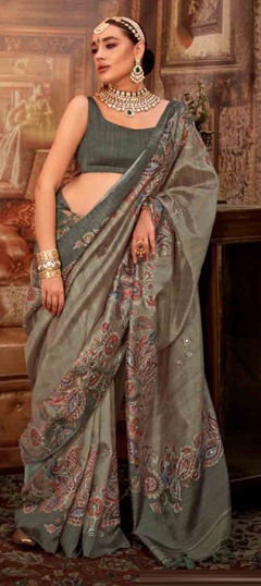 Green color Saree in Tussar Silk fabric with Printed work