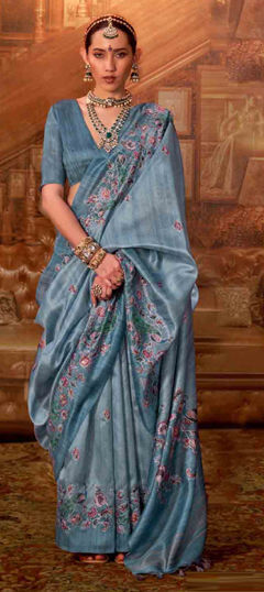 Blue color Saree in Tussar Silk fabric with Printed work