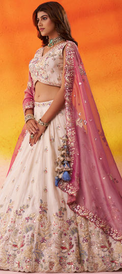 Beige and Brown color Lehenga in Tissue fabric with Embroidered, Sequence, Thread work