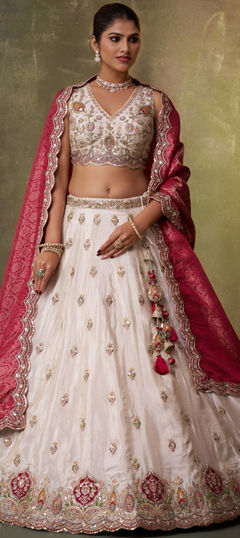 Beige and Brown color Lehenga in Tissue fabric with Embroidered, Sequence, Thread work