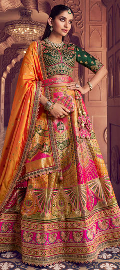 Orange, Pink and Majenta color Lehenga in Banarasi Silk fabric with Embroidered, Lace, Resham, Stone, Weaving, Zari work