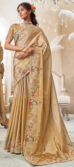 Beige and Brown color Saree in Viscose fabric with Embroidered, Resham, Sequence, Stone, Weaving, Zari work