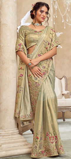 Beige and Brown color Saree in Viscose fabric with Embroidered, Resham, Sequence, Stone, Weaving, Zari work