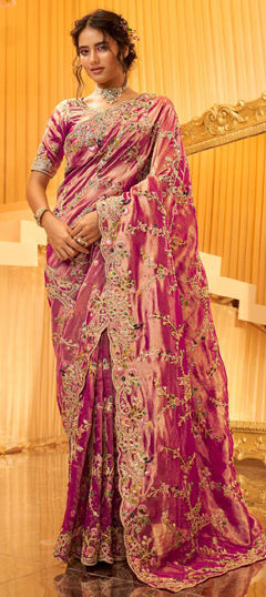 Pink and Majenta color Saree in Viscose fabric with Embroidered, Resham, Weaving, Zardozi, Zari work