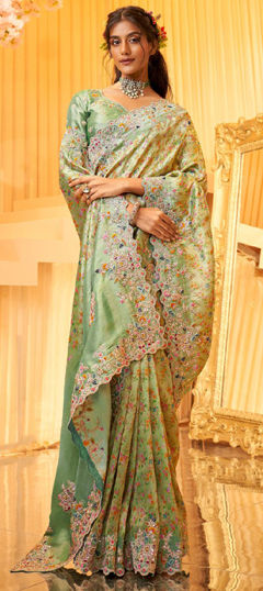 Green color Saree in Viscose fabric with Embroidered, Resham, Weaving, Zardozi, Zari work