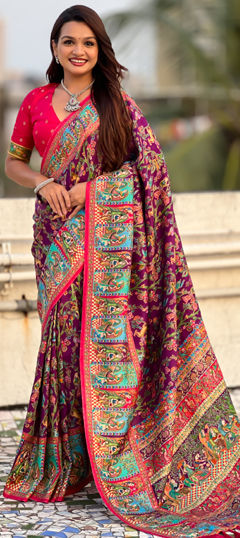 Purple and Violet color Saree in Viscose fabric with Printed, Weaving work