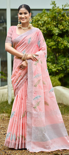 Pink and Majenta color Saree in Linen fabric with Embroidered, Weaving work