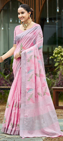 Pink and Majenta color Saree in Linen fabric with Embroidered, Weaving work