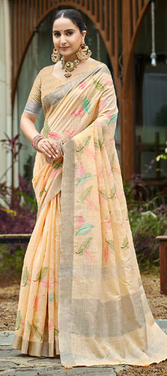 Orange color Saree in Linen fabric with Embroidered, Weaving work