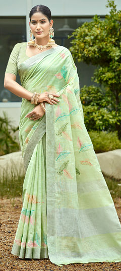 Green color Saree in Linen fabric with Embroidered, Weaving work