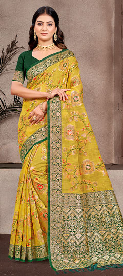 Yellow color Saree in Silk cotton fabric with Weaving work