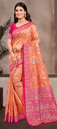 Orange color Saree in Silk cotton fabric with Weaving work