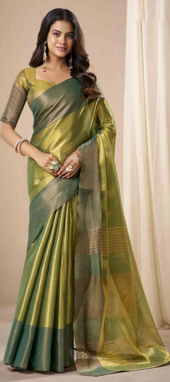 Green color Saree in Tissue fabric with Weaving work