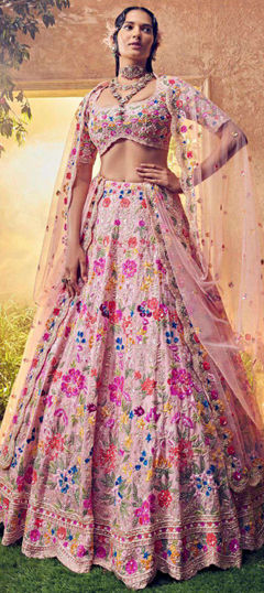 Pink and Majenta color Lehenga in Faux Georgette fabric with Embroidered, Sequence, Thread work