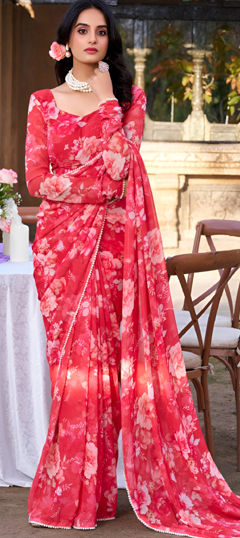 Red and Maroon color Readymade Saree in Georgette fabric with Floral, Lace, Moti, Printed work