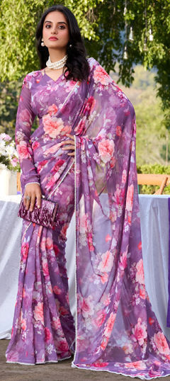 Purple and Violet color Readymade Saree in Georgette fabric with Floral, Lace, Moti, Printed work