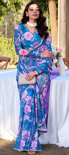 Blue color Readymade Saree in Georgette fabric with Floral, Lace, Moti, Printed work