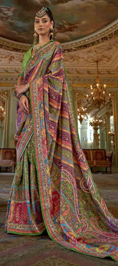 Green color Saree in Silk fabric with Printed work