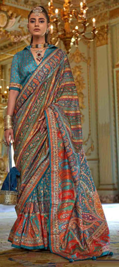Blue color Saree in Silk fabric with Printed work