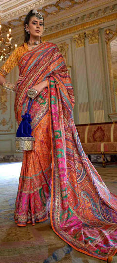 Orange color Saree in Silk fabric with Printed work