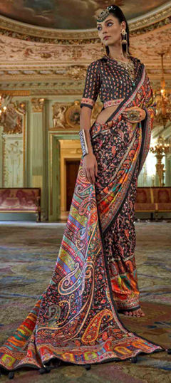 Black and Grey color Saree in Silk fabric with Printed work