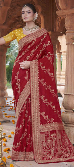 Red and Maroon color Saree in Silk fabric with Weaving work
