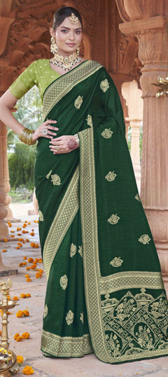 Green color Saree in Silk fabric with Weaving work