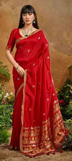 Red and Maroon color Saree in Tussar Silk fabric with Weaving work
