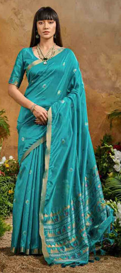 Blue color Saree in Tussar Silk fabric with Weaving work