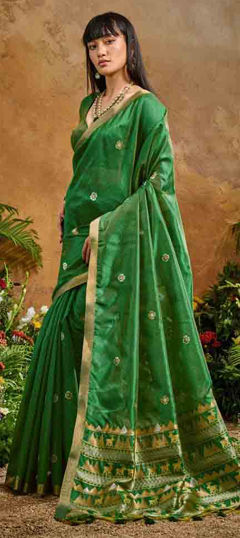 Green color Saree in Tussar Silk fabric with Weaving work