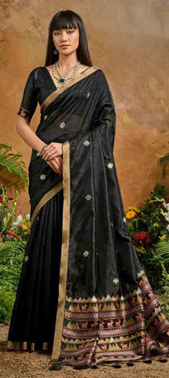 Black and Grey color Saree in Tussar Silk fabric with Weaving work