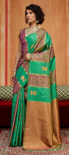 Green color Saree in Silk fabric with Weaving work