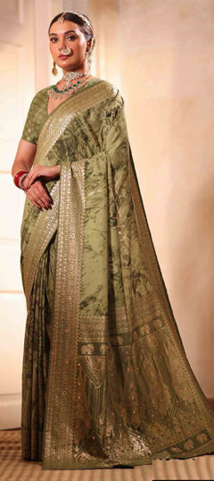 Green color Saree in Silk fabric with Tye n Dye, Weaving work