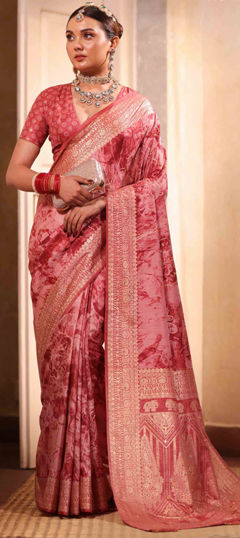 Pink and Majenta color Saree in Silk fabric with Tye n Dye, Weaving work