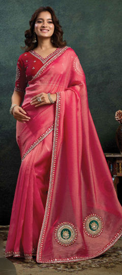 Pink and Majenta color Saree in Organza Silk fabric with Appliques, Embroidered, Sequence, Stone work