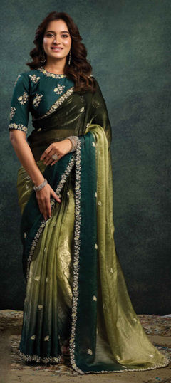 Green color Saree in Satin Silk fabric with Embroidered, Sequence, Stone work