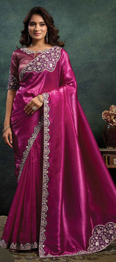 Pink and Majenta color Saree in Satin Silk fabric with Embroidered, Moti, Sequence, Stone work