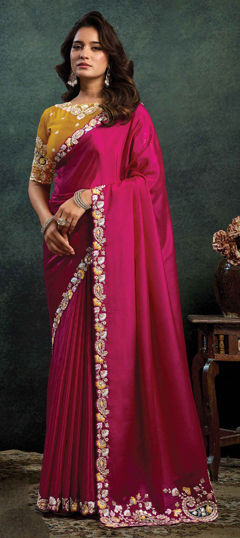 Pink and Majenta color Saree in Satin Silk fabric with Appliques, Embroidered, Stone, Thread work
