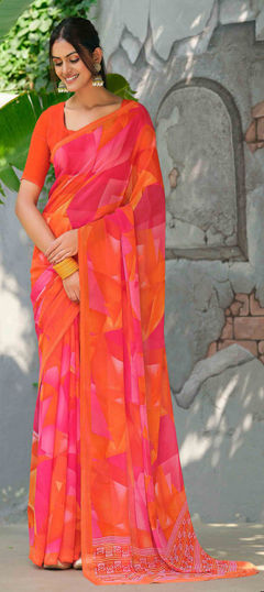 Orange, Pink and Majenta color Saree in Georgette fabric with Digital Print work