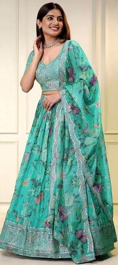 Blue color Lehenga in Organza Silk fabric with Digital Print, Embroidered, Floral, Sequence, Zari work