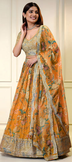 Orange color Lehenga in Organza Silk fabric with Digital Print, Embroidered, Floral, Sequence, Zari work