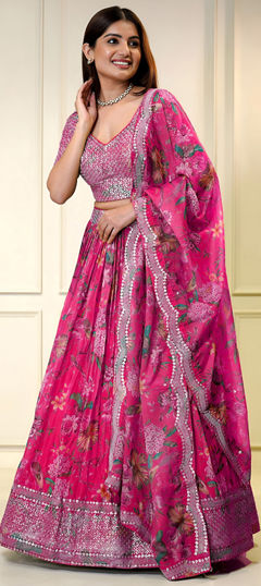 Pink and Majenta color Lehenga in Organza Silk fabric with Digital Print, Embroidered, Floral, Sequence, Zari work