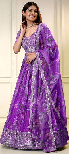 Purple and Violet color Lehenga in Organza Silk fabric with Digital Print, Embroidered, Floral, Sequence, Zari work