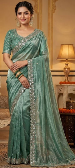 Green color Saree in Satin Silk fabric with Embroidered, Sequence, Thread work
