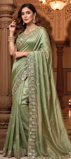 Green color Saree in Satin Silk fabric with Embroidered, Sequence, Thread work