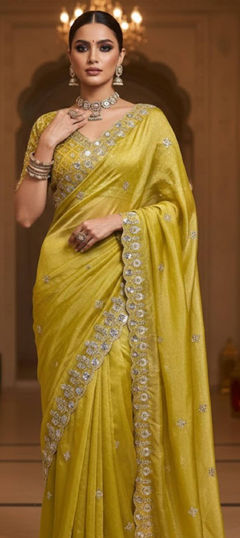 Yellow color Saree in Satin Silk fabric with Embroidered, Sequence, Thread work
