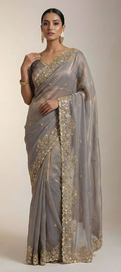 Silver color Saree in Satin Silk fabric with Embroidered, Sequence work
