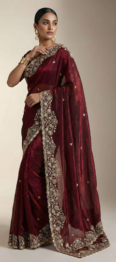Red and Maroon color Saree in Satin Silk fabric with Embroidered, Sequence work